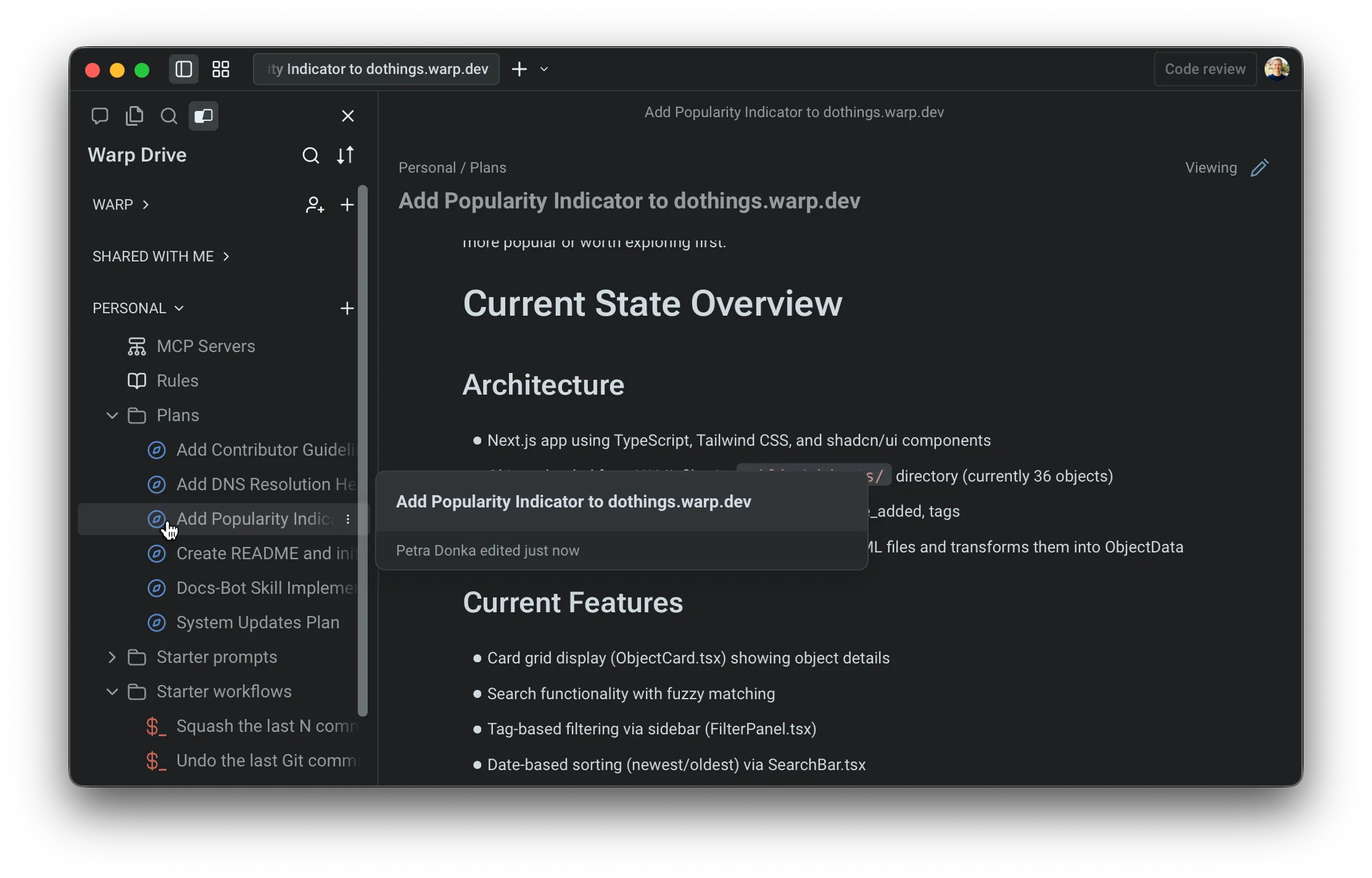 Plans are accessible directly from the Warp Drive side panel.